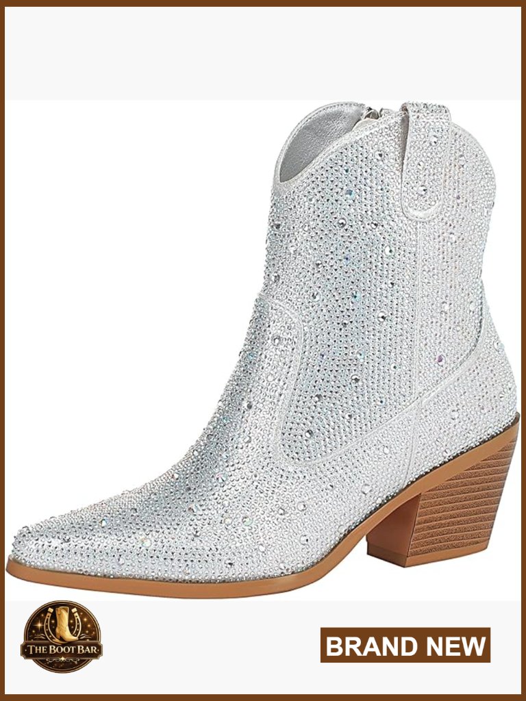 Women's Rhinestone Cowboy Boots Chunky Heel Sparkly Ankle Boots